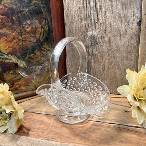 Unmarked 6&quot; Tall Clear Glass Basket with Hobnail Pattern and Curved Handle