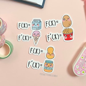 May include: Six colourful stickers with cartoon food illustrations and maths equations. The stickers feature a carton of milk, an ice cream cone, french fries, a potato, a peanut butter jar, and a peanut. Each sticker has a white background with black text that reads "F(X)=" or "F'(X)=".