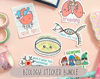 May include: A set of 7 biology themed stickers featuring illustrations of a heart, lungs, DNA, a petri dish, a neuron, and a gnome with the text "GENOME". The stickers are on a pink background with washi tape and pens.