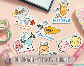 pharmacy stickers bundle, medical magnets for fridge, pill pins for bag, pharmacist sticker for laptop, medical magnet for board, pharm tech