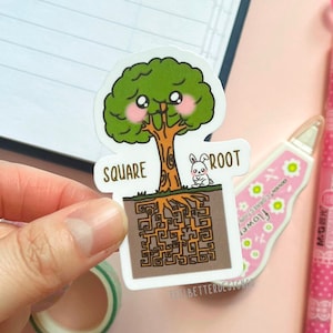May include: A white sticker featuring a cartoon tree with a smiling face and the words "SQUARE ROOT" on either side. The tree's roots form a maze pattern.