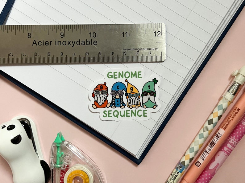 May include: A sticker with a cartoon illustration of four gnomes wearing glasses and hats. The gnomes are lined up in a row and each gnome has a letter on their hat: A, C, G, and T. The text "GENOME SEQUENCE" is below the gnomes.