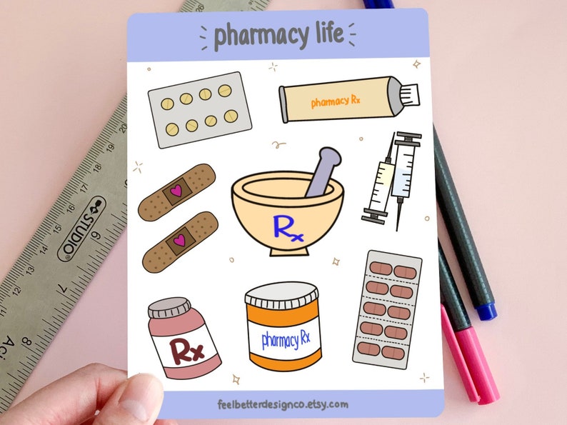 May include: A sticker sheet with a pharmacy theme. It features illustrations of a mortar and pestle, pills, bandages, a tube of ointment, a syringe, and a bottle of pills. The text "pharmacy life" is at the top of the sheet.