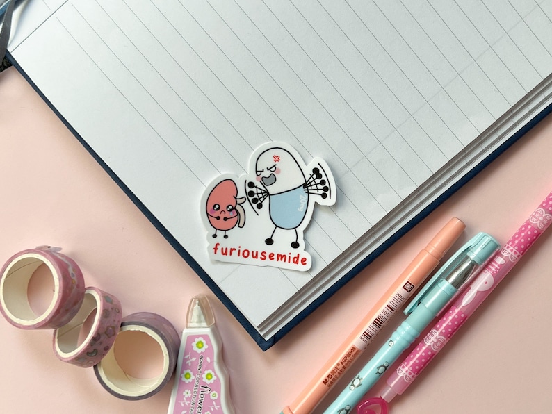 Może przedstawiać: Naklejka z kresk&oacute;wkową ilustracją nerki i tabletki z tekstem "furiousamide". Nerka jest r&oacute;żowa i ma smutny wyraz twarzy. Tabletka jest niebieska i ma zły wyraz twarzy. Naklejka znajduje się na zeszycie w linie.
