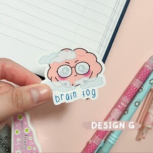 May include: A pink brain with eyes and a cloud around it. The text "brain fog" is written below the brain.