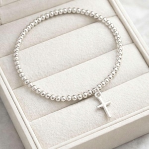 Sterling Silver Mini Cross Charm Bracelet | Stretchy Beaded Bracelet Stacking Bracelet Tiny Dainty Gift, Any Size Adult Child