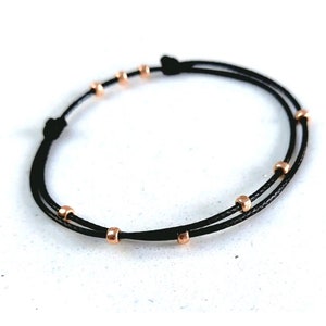 Black Silver Gold or Rose Gold Beaded Bracelet or Anklet, Double Layer, Surfer Style Faux Leather Waterproof Adjustable Cord Simple No Metal