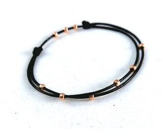 Black Silver Gold or Rose Gold Beaded Bracelet or Anklet, Double Layer, Surfer Style Faux Leather Waterproof Adjustable Cord Simple No Metal
