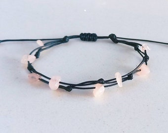 Gemstone Chip Bead Adjustable Bracelet / Anklet Black Knotted Cord Boho Surfer Beach Dainty Turquoise Rose Quartz Carnelian Amethyst Citrine