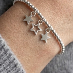 Star Charm Bracelet Stretchy Silver Plated Beaded Stacker, 3 Stars Lucky Wish Gift Ladies or Girls/Childs Multi Star