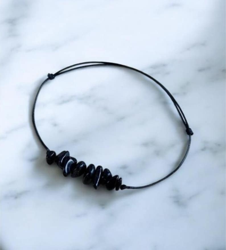 Black Tourmaline Chip Bracelet | Adjustable Cord, Negative Energy Protection image 2