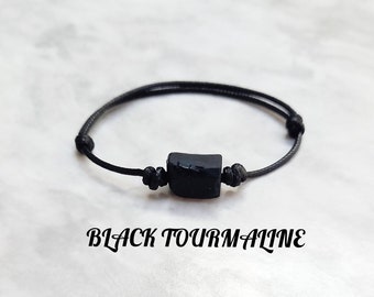 Raw Black Tourmaline Bracelet, Anklet or Necklace, Adjustable Waterproof Minimalist EMF Protection Gift Black Cord Mens Ladies Kids Childs