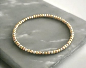 Tricolour Stretchy Beaded Stacker Bracelet: Sterling Silver, Gold, Rose Gold Tri Tone