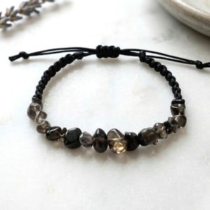 Smoky Quartz Gemstone Chip Bracelet, Adjustable Braided Macrame Black Cord Mens Protection Gift
