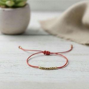 Gold Beads Red String Bracelet or Anklet Double Layer Adjustable Cord