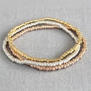 Set of 3 Silver Gold Rose Gold Stretchy Bracelets, Beaded Stacker Trio, Dainty Silver Bead Bracelet Stack, Minimalist Jewellery Gift for Her