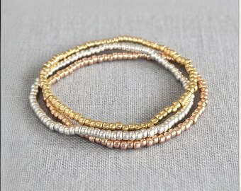 Set of 3 Silver Gold Rose Gold Stretchy Bracelets, Beaded Stacker Trio, Dainty Silver Bead Bracelet Stack, Minimalist Jewellery Gift for Her