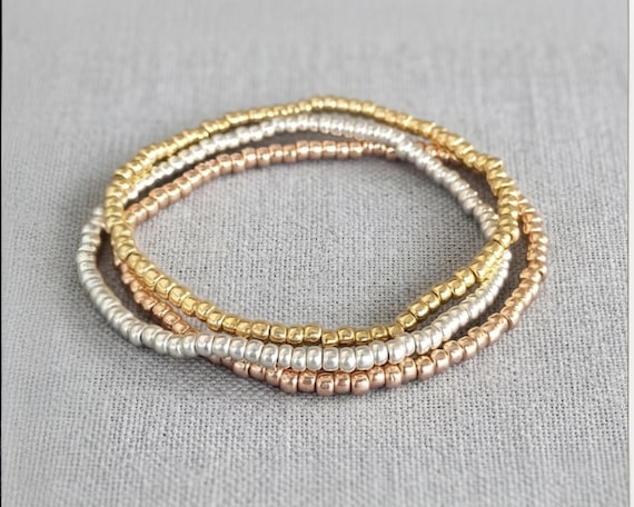 Set of 3 Silver Gold Rose Gold Stretchy Bracelets, Beaded Stacker Trio, Dainty Silver Bead Bracelet Stack, Minimalist Jewellery Gift for Her