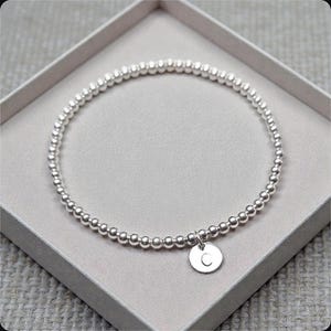 Initial Charm Bracelet Disc Sterling Silver Ball Beads Dainty Letter Stretchy Adult Child Size Custom Personalised Birthday  Gift