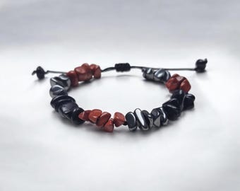 Mens Red Jasper, Hematite and Black Tourmaline Bracelet Root Chakra Bracelet, Gemstone Beaded, Adjustable Cord, Protection