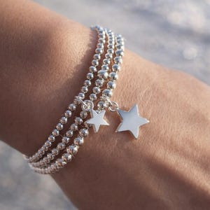 Silver Stacking Bracelets, Set of 3, Heart or Star Charm Bracelet Stacker, Stretchy, Dainty Ball Beaded Stack Birthday Friend Gift Pouch