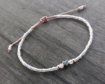 Rose Quartz and Tiny AB Seed Beaded Silver Heart Anklet, Adjustable Grey Cord, Dainty, Holiday, Beach, Gift Ankle Bracelet Ladies/Child's