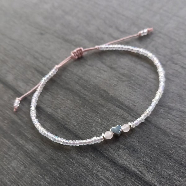 Rose Quartz and Tiny AB Seed Beaded Silver Heart Anklet, Adjustable Grey Cord, Dainty, Holiday, Beach, Gift Ankle Bracelet Ladies/Child's