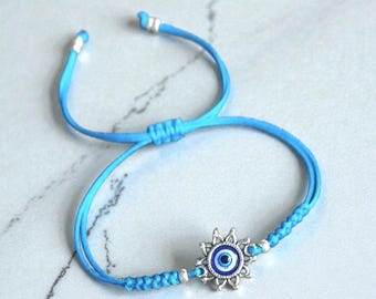 Adjustable Evil Eye Cord Bracelet, Silver Sun Charm, Protection Turquoise Cord