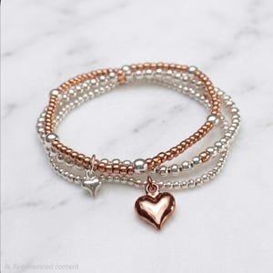 Silver and Rose Gold Heart or Star Charm Bracelets, Set of 3, Stacking Stretchy, Dainty Ball Beaded Birthday Gift