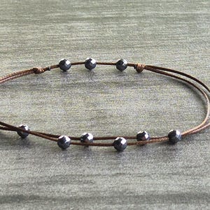 Hematite Ball Beaded Bracelet or Anklet, Brown or Black Cord Double Surfer Thin String Waterproof Adjustable Simple Faceted Gemstone Beads