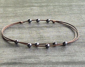 Hematite Ball Beaded Bracelet or Anklet, Brown or Black Cord Double Surfer Thin String Waterproof Adjustable Simple Faceted Gemstone Beads