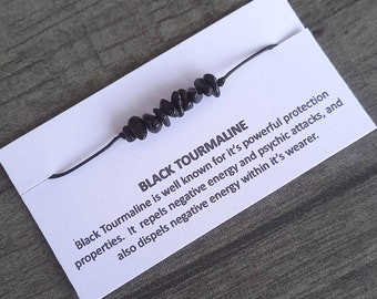 Black Tourmaline Gemstone Chip Beaded Bracelet or Anklet Black Cord Empath Protection Negative Energy Good Luck Gift Pouch Presentation Card