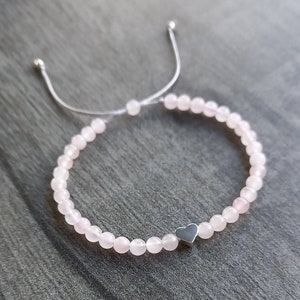 Rose Quartz Heart Beaded Charm Bracelet Adjustable Pink Gemstone Silver Grey Cord Friend Child Mum Gift Dainty Personalised Card