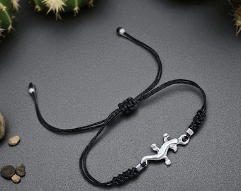 Gecko Lizard Charm Bracelet or Anklet Cord Adjustable Dainty Sterling Silver for Men, Women or Children