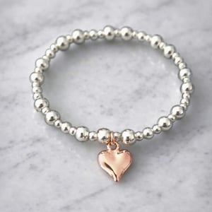 Silver Ball Bead Bracelet, Rose Gold or Gold Heart Charm, Stretchy Stacker Gift