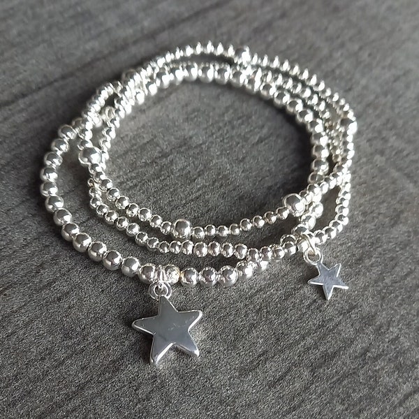 Silver Stacking Bracelets, Set of 3, Heart or Star Charm Bracelet Stacker, Stretchy, Dainty Ball Beaded Stack Birthday Friend Gift Pouch