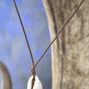 May include: A white seashell pendant necklace with a brown cord. The shell is oval-shaped with a natural, textured surface. The necklace is suspended against a blurred background of blue and beige.