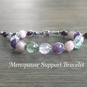 Menopause Support Bracelet - Gemstone Bracelet with Garnet, Moonstone, Kunzite, Fluorite, and Amethyst Braided Adjustable Silver Cord