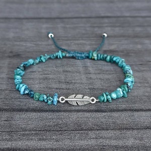 Turquoise Feather Bracelet or Anklet Gemstone Chip Beads Adjustable Teal Waxed Cord Navajo Surfer Beach Surfer Holiday Bohemian Silver Gift