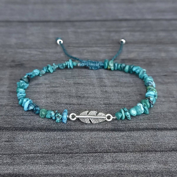 Turquoise Feather Bracelet or Anklet Gemstone Chip Beads Adjustable Teal Waxed Cord Navajo Surfer Beach Surfer Holiday Bohemian Silver Gift