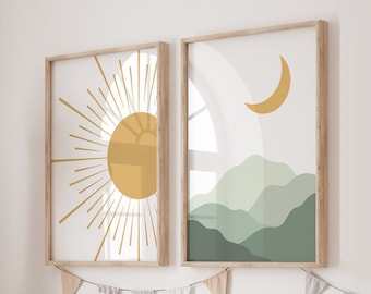 Boho Nursery Print Set: Sun, Rainbow, Moon, Mountain (Digital Download)