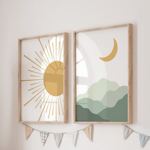 Boho Kinderzimmer Print 2er-Set, Sonne Regenbogen Mond Baby Zimmer Poster, Kunst Dekoration, Mid Century Print Berge