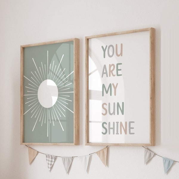 You Are My Sunshine Print, Boho Nursery Wall Art, Set of 2 Prints, Sun Abstract Poster, Sage-Green Baby Room Decor, Kids Playroom Wall Art