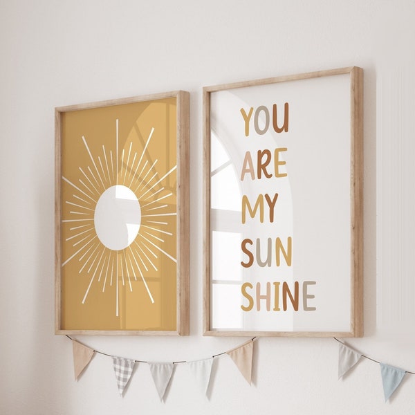 You Are My Sunshine Print, Boho Nursery Wall Art, Set of 2 Prints, Sun Abstract Poster, Gender Natural Baby Room Decor, Kids Playroom Decor