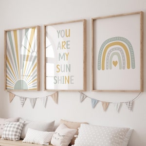 Boho Nursery Print Set: Rainbow Sun, Sage Green Decor (Digital Download)