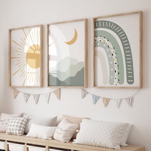Set di 3 stampe per cameretta Boho, poster per cameretta con sole, arcobaleno e luna, decorazioni artistiche da parete per cameretta, stampe artistiche astratte, stampe di montagna di metà secolo