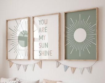 You Are My Sunshine Print, Boho Nursery Wall Art, Set of 3 Prints, Sun Abstract Poster, Sage-Green Baby Room Decor, Kids Playroom Wall Art
