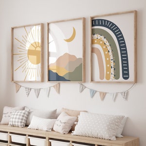 Boho vivero impresión conjunto de 3, carteles de la habitación del bebé Sun Rainbow Moon, decoración natural de la habitación del bebé del género, sala de juegos para niños, impresiones abstractas de mediados de siglo