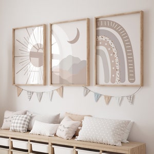Boho vivero impresión conjunto de 3, carteles de la habitación del bebé Sun Rainbow Moon, decoración natural de la habitación del bebé del género, sala de juegos para niños, impresiones abstractas de mediados de siglo