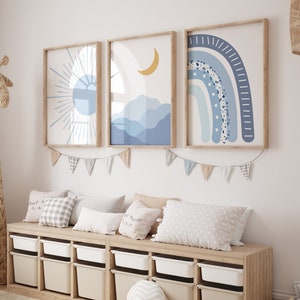 Set di 3 stampe per cameretta dei bambini Boho, poster per cameretta dei bambini con sole, arcobaleno, luna e blu, decorazione da parete per cameretta dei bambini, stampabile per ragazzi, stampa di montagna Mid Century Art